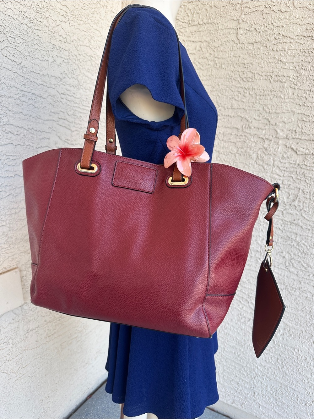 Women's Burgundy/Tan Reversible Leather Tote with Brown Straps